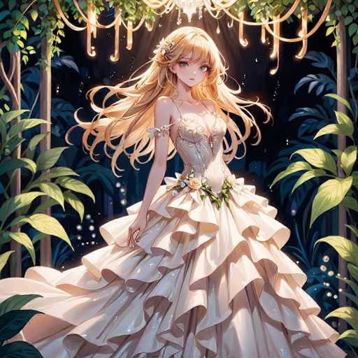 A beautiful girl with long blonde hair is standing in a garden surrounded by lush green plants and trees. She is wearing a white dress adorned with flowers on the bodice and ruffles at the bottom. The background features a dark blue sky with twinkling stars, creating an ethereal atmosphere.