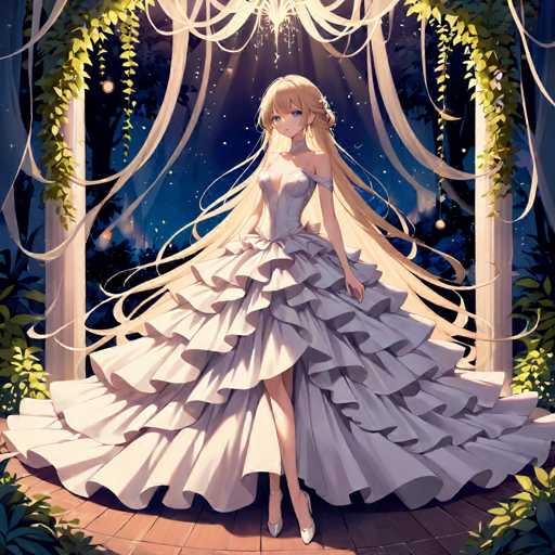 A young girl with long blonde hair is standing on a wooden platform under a large archway adorned with green vines and flowers. She is wearing a white dress that falls down to her knees, and she is holding a bouquet of flowers in her hands. The background features a dark blue sky filled with stars, creating an ethereal atmosphere around the girl.