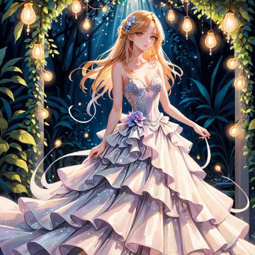 A beautiful young woman with blonde hair is the central figure in this digital illustration. She is wearing a white dress that cascades down to her feet and features a flower on the side. The background of the image is dark blue, providing a stark contrast to the woman's light-colored attire. The sky above them is filled with twinkling lights, creating an ethereal atmosphere.