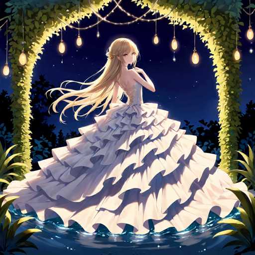 A beautiful girl with long blonde hair is standing on a body of water under an archway decorated with lights and plants. She is wearing a white dress that flows down to her feet. The background features trees and bushes, creating a serene atmosphere around the girl.