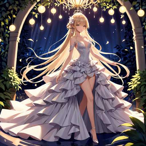 A beautiful blonde woman is standing in a garden with her hair styled in an elegant updo and wearing a long white dress that flows down to the floor. The garden around her features lush green plants and trees, creating a serene and tranquil atmosphere.