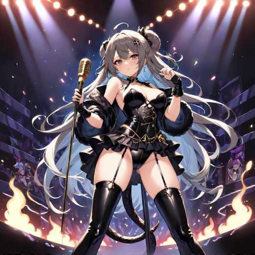 The image depicts an anime character with long hair and a black outfit standing on stage holding a microphone. The background features a dark purple color scheme with white lights illuminating the scene.
