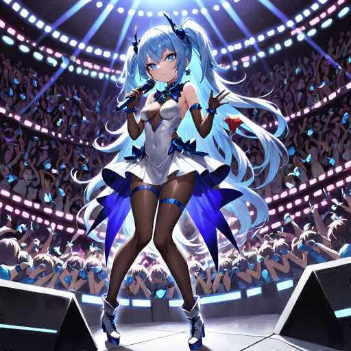 A woman with blue hair and a white dress is standing on stage performing for an audience of people wearing blue outfits.