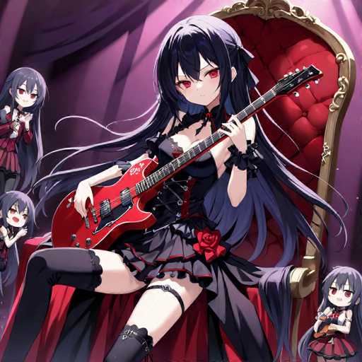 The image depicts a girl with long black hair playing a red electric guitar on stage. She is wearing a black dress and has a red rose pinned to her outfit. The background features a purple curtain and other girls in similar attire are also present on the stage.