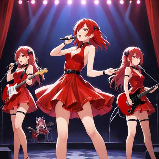 The image depicts three women performing on a stage under bright lights. The woman in the center is singing into a microphone while holding a guitar, and she is wearing a red dress with black straps. To her left, another woman is playing a drum set, and to her right, a third woman is also holding a guitar.
