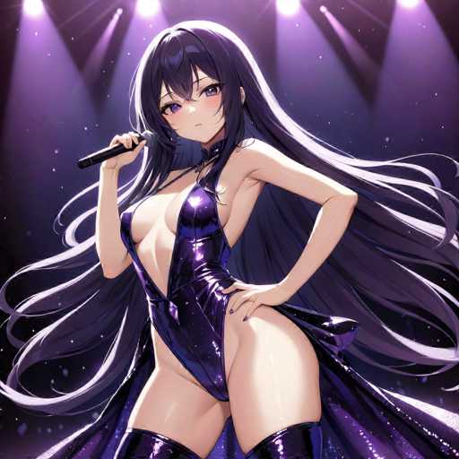 A woman with long dark hair and a tight purple dress stands on stage holding a microphone, wearing black boots that sparkle under the stage lights.