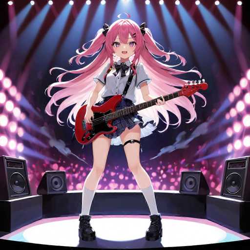 A female anime character is standing on a stage with her guitar, dressed in a pink and white outfit that includes a bow in her hair. The stage has multiple speakers around it, suggesting the presence of an audience or live music accompaniment.