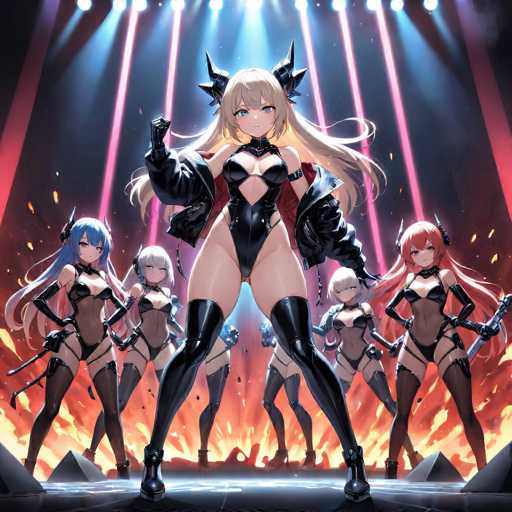 The image depicts five women dressed in black outfits with horns and red hair, standing on a stage under bright lights. The woman at the center is holding a microphone, suggesting she may be performing or speaking.