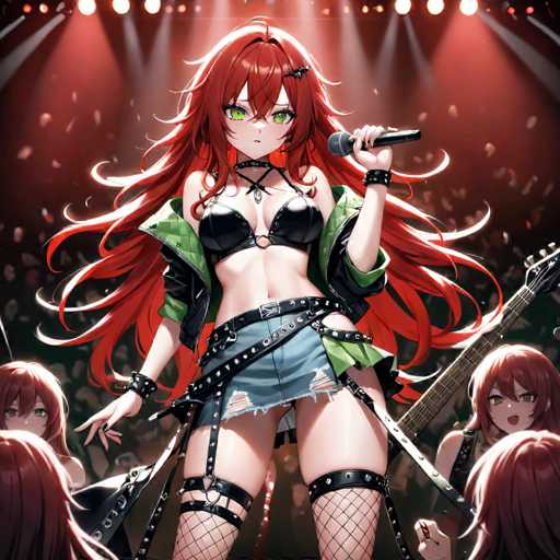 The image depicts a woman with long red hair and green eyes standing on stage performing as a singer. She is wearing a black bikini top and a green skirt, holding a microphone while surrounded by other performers in the background. The scene takes place under bright lights, creating an atmosphere of excitement and energy.