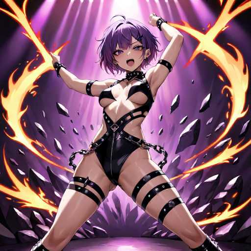 A woman with purple hair and a black leather outfit is shown in the center of an explosion, holding two flaming swords. The background features a mix of purple and orange flames, creating a sense of chaos and danger.