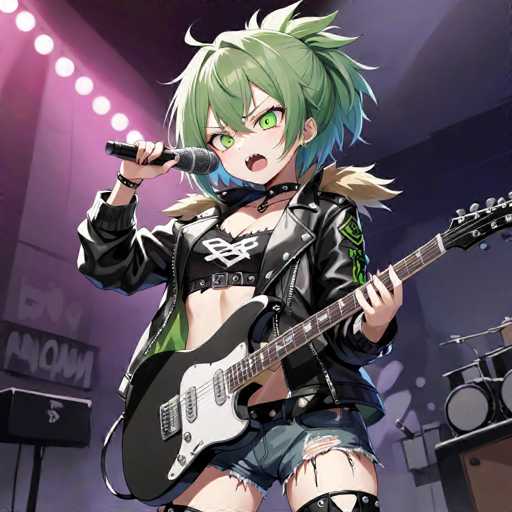 A female character with green eyes and a punk rock style is singing into a microphone on stage while wearing a black leather jacket and ripped blue jeans.