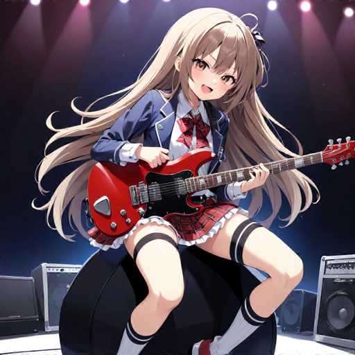 A young girl with long blonde hair is sitting on a black stool and playing a red electric guitar. She is wearing a blue jacket over a pink skirt and white socks. The background shows a stage with speakers and other musicians performing in the background.