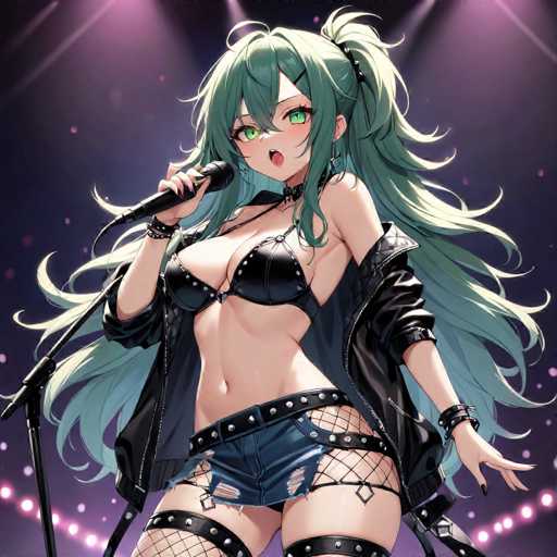 A woman with long green hair and a black bikini top is singing into a microphone on stage. She is wearing a black leather jacket over a blue denim skirt and has multiple piercings in her ears and nose. The background features purple lights that cast an ethereal glow on the scene, creating a dramatic atmosphere for the performance.