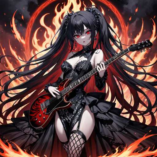 A woman with long black hair and red eyes is playing a red electric guitar with a black strap, dressed in a black outfit that includes a corset and stockings. The background features flames and smoke, creating an intense atmosphere.