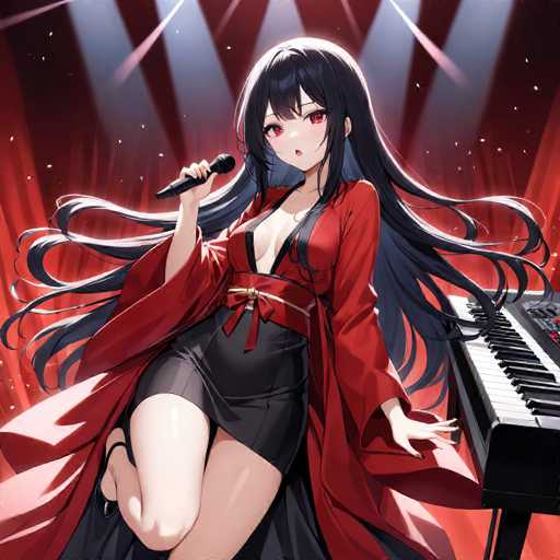 A woman with long dark hair is standing on a stage and singing into a microphone while wearing a red dress and black skirt. The background features a red curtain and white lights that cast an ethereal glow over the scene.