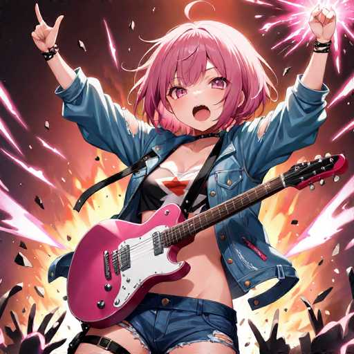 A pink-haired girl is playing a red electric guitar with her arms raised high above her head and her mouth open wide as she sings into the microphone. She's wearing a blue denim jacket over a black tank top and ripped blue jeans. The background features a vibrant explosion of pink, purple, and white lights against a dark purple sky.