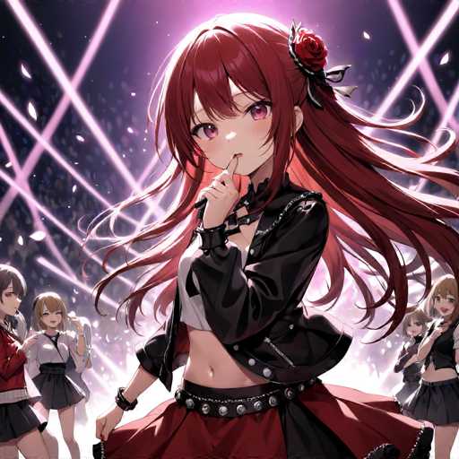 The image depicts an anime character with long red hair and a black leather jacket, standing on stage holding a microphone while wearing a rose in her hair. The background features a purple grid pattern, and the characters are surrounded by other anime characters dressed similarly to the main character.