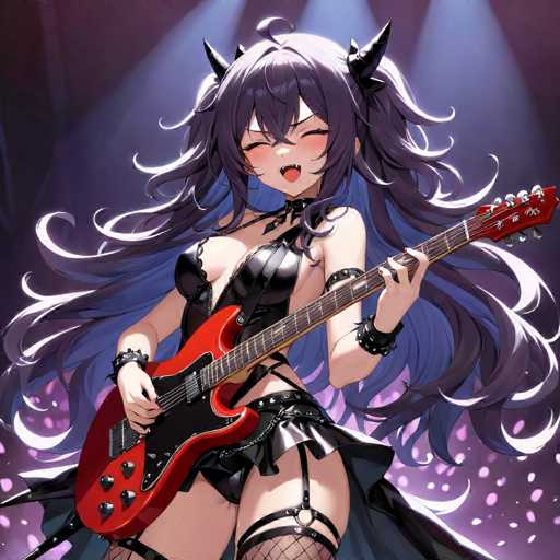 A woman with long dark hair is playing a red electric guitar on stage. She is wearing black leather boots and a black dress that has a high neckline. The stage lights cast an ethereal glow over her as she plays the guitar.