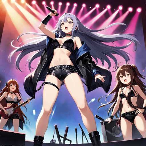 The image depicts three women performing on stage under a pink and purple light show. The woman in the center is wearing black lingerie and holding a microphone while standing next to two other women who are also dressed in black attire with one of them playing an electric guitar.