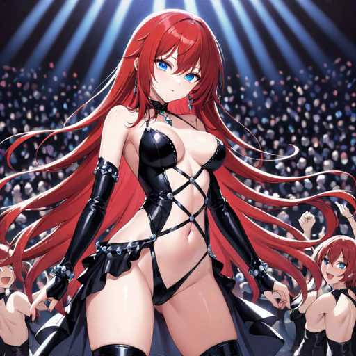 The image depicts a woman with long red hair and striking blue eyes standing on stage as the main focus. She is wearing a black leather outfit that includes a corset and thigh-high boots. The background shows a crowd of people in various poses, suggesting an event or performance taking place.