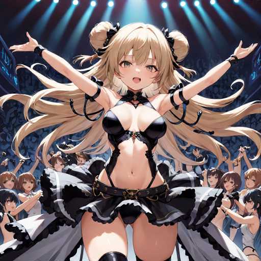 The image depicts an anime character with long blonde hair and a black skirt performing on stage. The character is wearing a black top and has her arms raised high above her head. In the background, there are other characters also dressed in similar outfits, suggesting that they might be part of a larger performance or event.