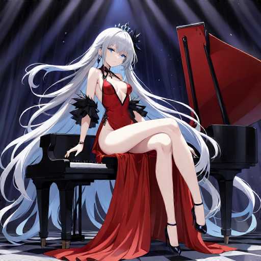 A woman with long blonde hair and blue eyes is sitting on a black piano bench playing the keys of a grand piano. She is wearing a red dress that contrasts with her white hair. The background features a dark blue curtain and a red piano.