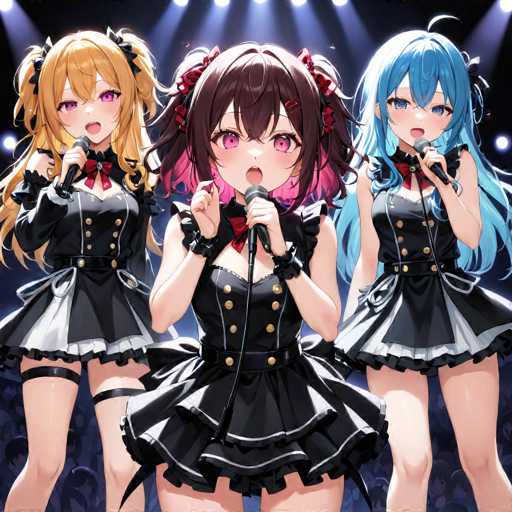 Three girls with long hair and black dresses singing on a stage under bright lights.