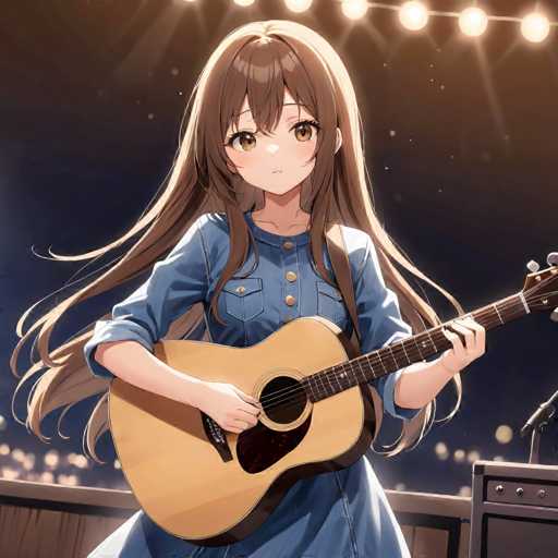 A young girl with long brown hair is playing a guitar on stage. She's wearing a blue dress and holding the guitar with both hands while standing in front of a microphone. The background features a dark blue sky with white lights, creating an atmospheric setting for her performance.