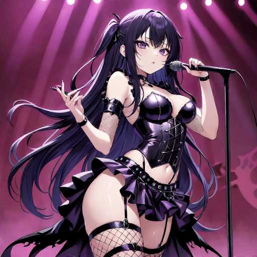 A woman with long dark hair is standing on a stage wearing a black outfit and holding a microphone. The background of the image is purple, which contrasts with her attire.