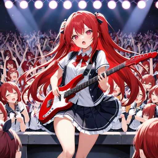 A red-haired girl is playing a red guitar on stage with a large crowd of people behind her and the lights above them casting a warm glow over the scene.
