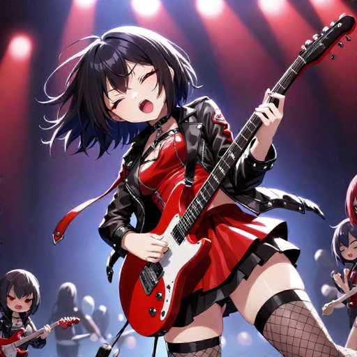 A woman is playing a red electric guitar on stage with her arms raised high and mouth open wide while the crowd watches intently.