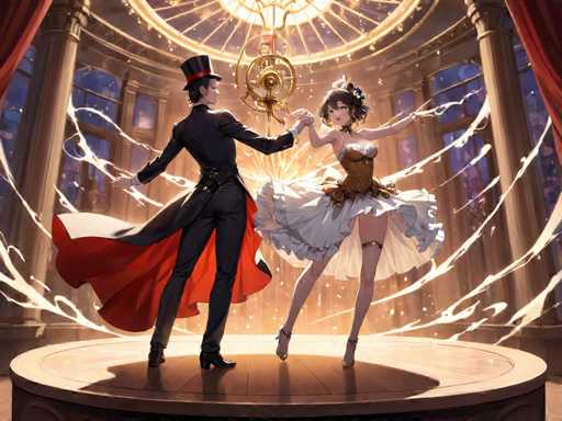 A man and woman dancing on a stage with red curtains and gold accents.