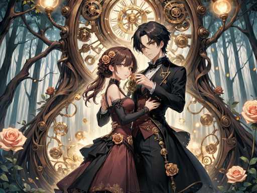 A man and woman standing together with a clock behind them. The man is wearing a black suit and the woman is wearing a red dress. They both have flowers on their heads.