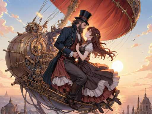 The image depicts a man and woman dressed in period costumes, with the man wearing a top hat and the woman wearing a long dress. They are seated on an ornate, steampunk-style ship that is floating above a cityscape at sunset. The sky is filled with clouds, creating a dramatic backdrop for their intimate moment.