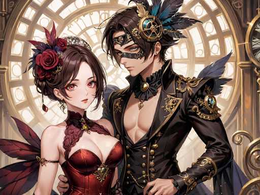The image depicts two characters dressed in period costumes with intricate designs and gold accents. The character on the left is a woman wearing a red dress adorned with a large rose, while the man on the right is wearing a black suit with a gold chain around his neck. They are standing close together against a backdrop of a clock tower.