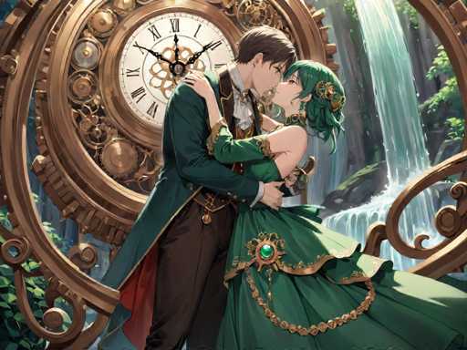 A couple dressed in period clothing stands in front of a large clock with gold and black details, sharing an intimate moment as the man leans in for a kiss on the cheek.
