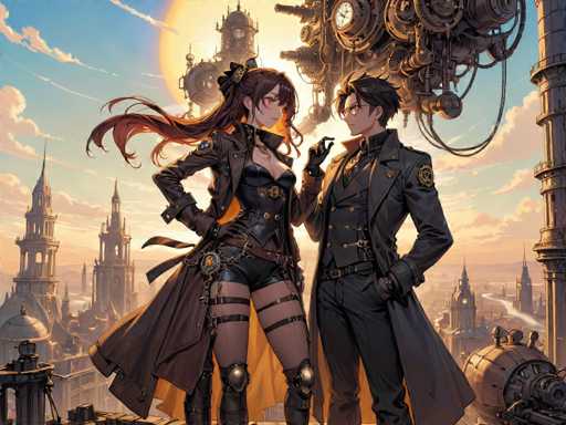 The image depicts two characters dressed in medieval-style clothing standing on a rooftop with towers and buildings in the background. The character on the left is wearing a long black coat and boots, while the character on the right is wearing a suit and tie. They are positioned in front of a clock tower that has a large clock face visible above them.