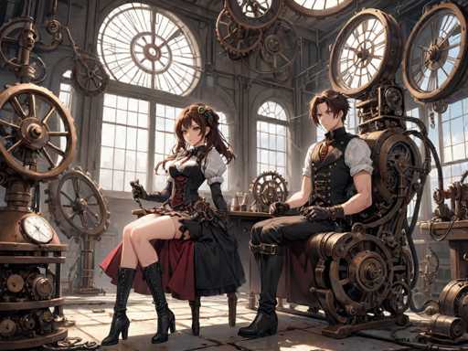 A woman and a man sit on chairs inside an old-fashioned room with large windows that let in natural light. The woman is wearing a black dress and red boots while the man is dressed in a suit and tie.