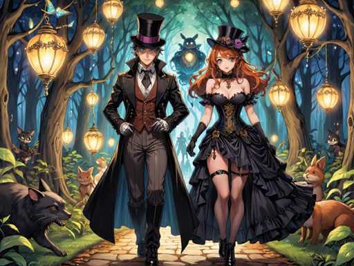 The image depicts two individuals dressed in period costumes walking down a path surrounded by trees and lanterns hanging from the branches. The person on the left is wearing a top hat and coat, while the individual on the right is wearing a corset and stockings.