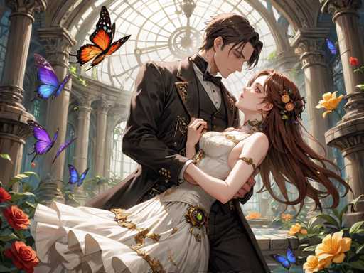 A couple is captured in an intimate embrace within a room with a large window and a butterfly-adorned wall. The man wears a black suit and tie, while the woman is adorned in a white dress and has flowers in her hair.