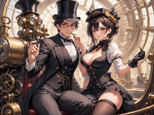 The image depicts two characters seated on a bench with their legs crossed and one character wearing a top hat while the other is wearing a dress. The background features a large window that allows natural light to illuminate the scene.