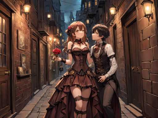 A couple is seen walking down a narrow alleyway at night, with the man wearing a black suit and the woman dressed in an ornate brown dress holding a rose.