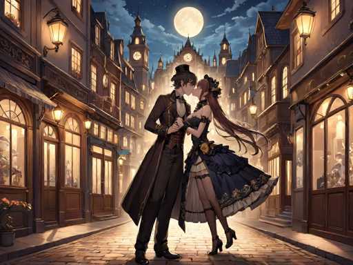 The image depicts a couple embracing on a cobblestone street at night. The man is dressed in a top hat and tails, while the woman wears a blue dress with a gold bodice. They are standing under the glow of lanterns that line the street, casting an ethereal light over their intimate moment. In the background, there are buildings adorned with ornate architectural details, including clock towers and windows reflecting the moonlight.