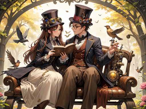 A couple is sitting on a bench under an archway with birds flying around them. The man has a book open and the woman is wearing a top hat and gown.
