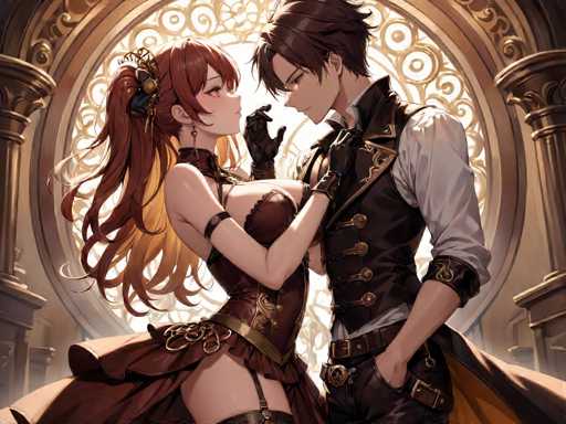 A man and woman are shown in a close embrace within an ornate room with a large window that allows sunlight to stream in. The man is wearing a black suit and the woman is dressed in a brown dress adorned with gold accents.