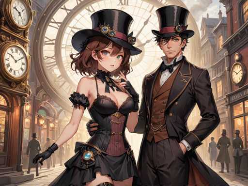 The image depicts two characters dressed in period costumes standing in front of a clock tower with Roman numerals and gold accents. The character on the left is wearing a black top hat and corset, while the character on the right is wearing a brown suit and top hat.
