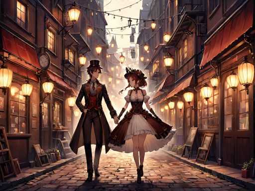 A couple dressed in period costumes walking down a cobblestone street lined with buildings and lanterns.