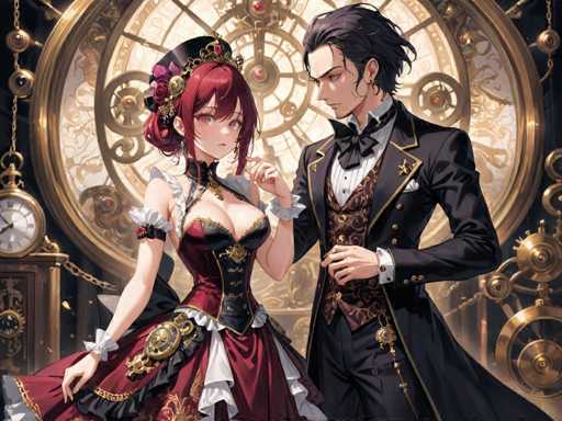 A man and woman standing next to each other with a clock behind them. The man is wearing a black suit and top hat while the woman is dressed in a red dress with a gold crown on her head.