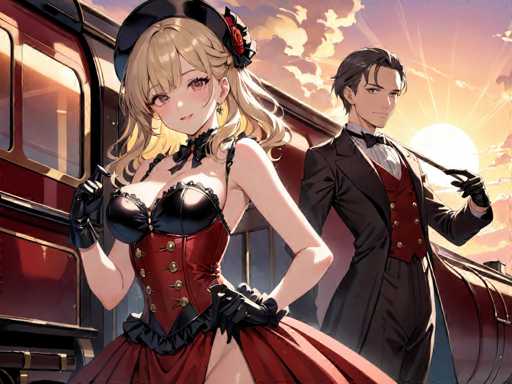A woman with blonde hair and a red flower on her head is standing next to a man dressed in a black suit and hat holding a cane.