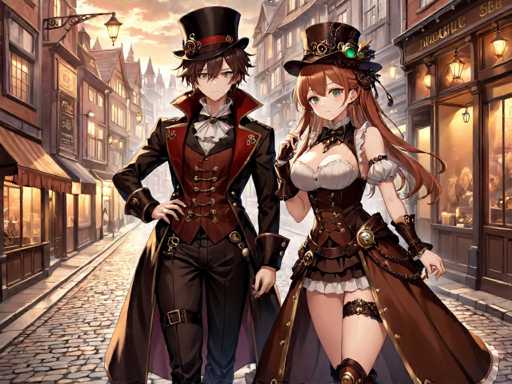 The image depicts two characters dressed in period costumes walking down a cobblestone street lined with buildings and shops. The character on the left is wearing a top hat and coat, while the one on the right has a corset and skirt. They are both carrying bags over their shoulders.